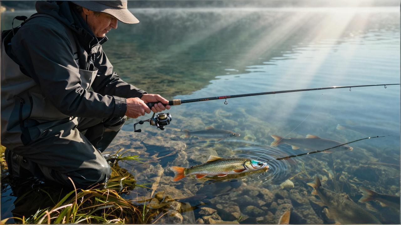 Cold water 3-4 inch swimbait mimicking natural bait in a lake, with visible fish and realistic underwater motion
