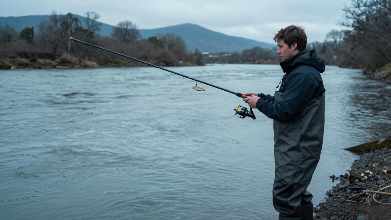 Angler fishing a paddle tail swimbait for walleye in a river with moderate current