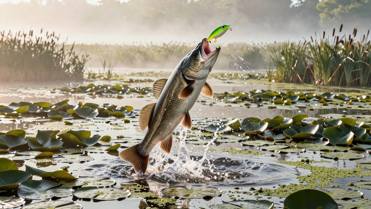 Snakehead striking a hollow body frog lure in thick lily pad cover